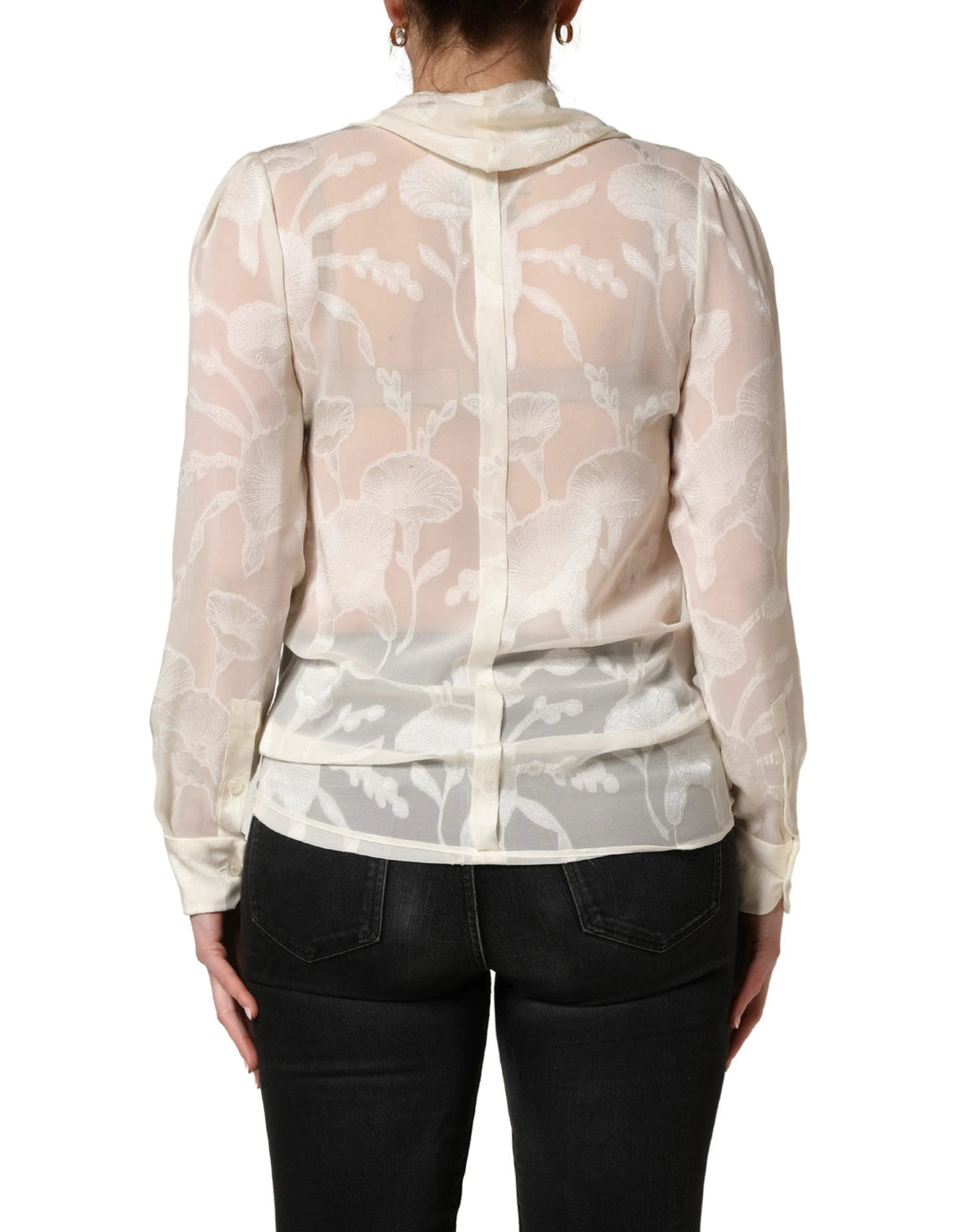 Dolce &amp; Gabbana Off White Floral Semi Sheer Silk Blouse Top