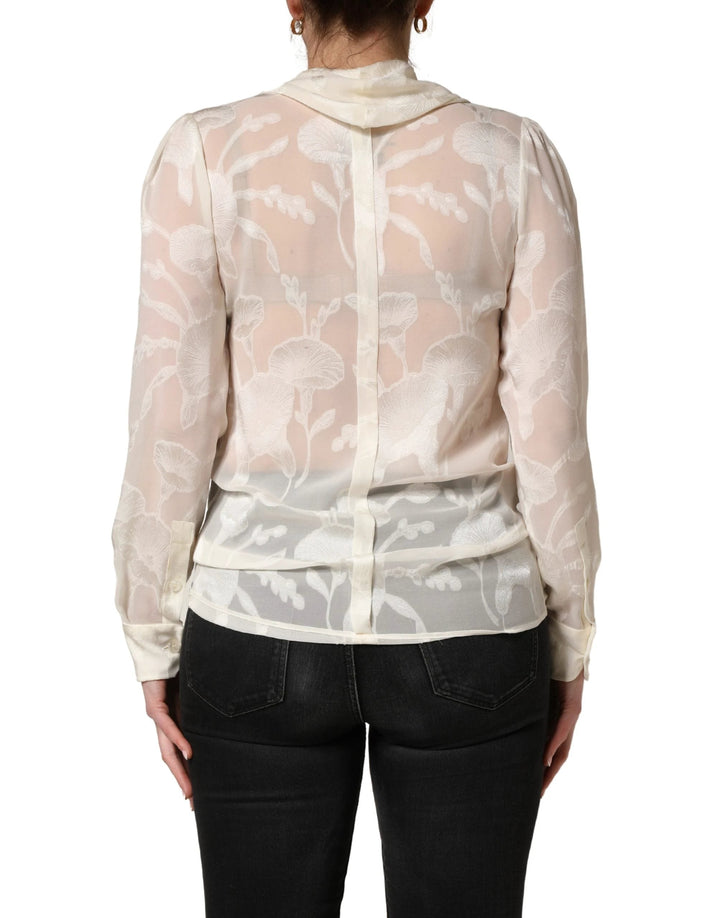 Dolce &amp; Gabbana Off White Floral Semi Sheer Silk Blouse Top