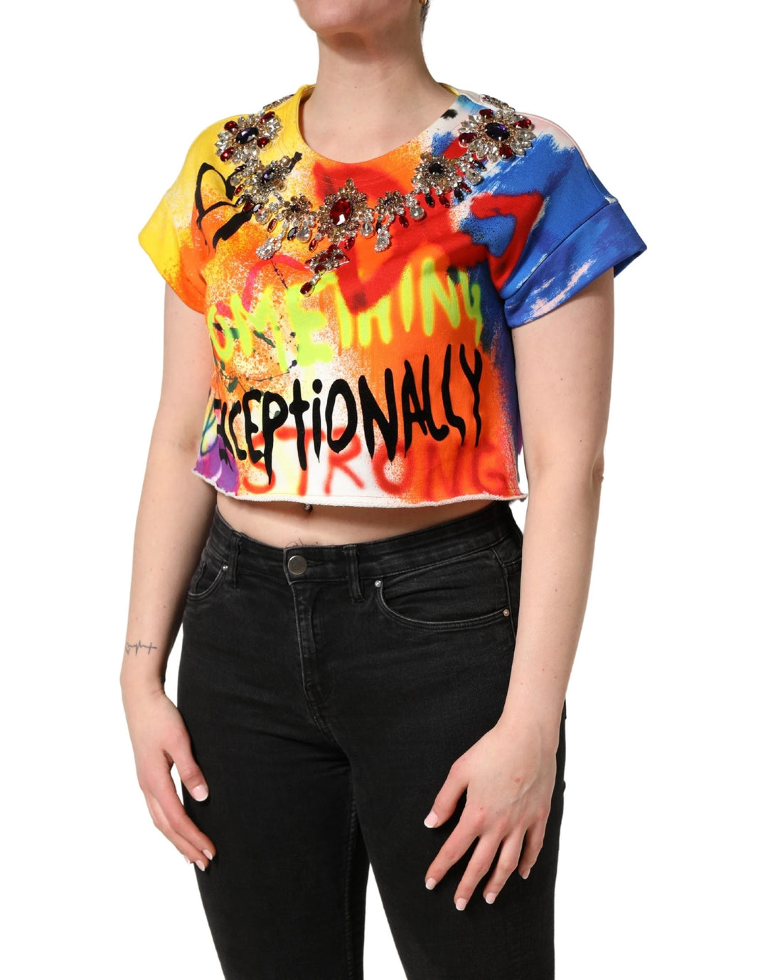 Dolce &amp; Gabbana Multicolor Graffiti Crystals Crop Jersey Top