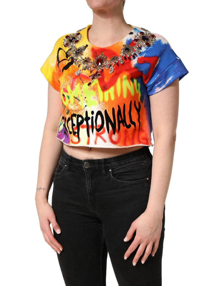Dolce &amp; Gabbana Multicolor Graffiti Crystals Crop Jersey Top