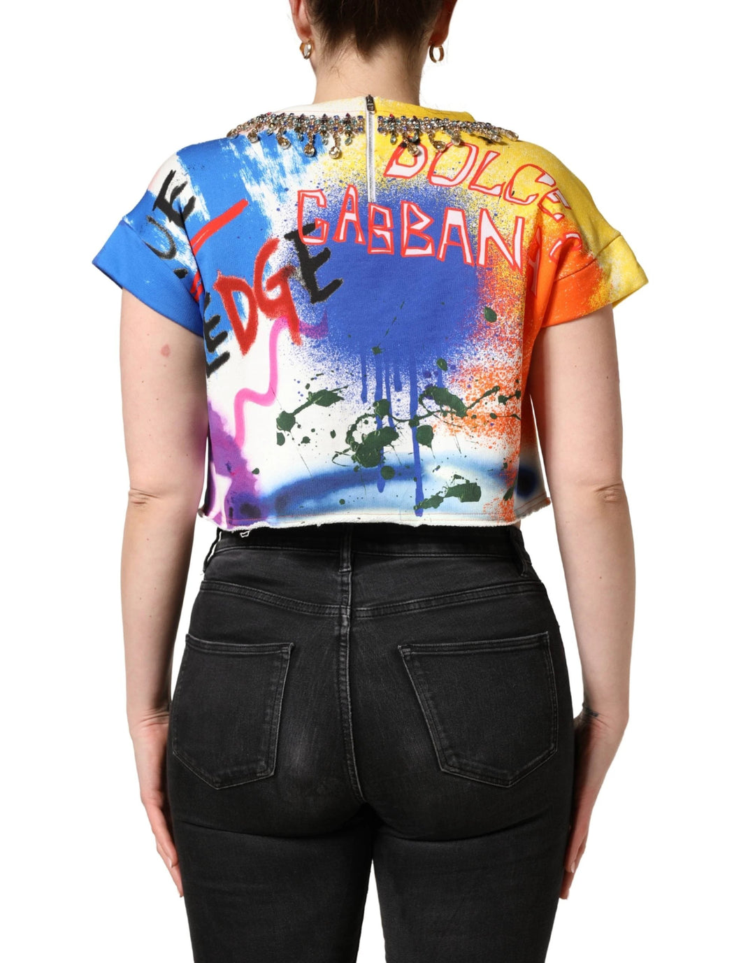 Dolce &amp; Gabbana Multicolor Graffiti Crystals Crop Jersey Top
