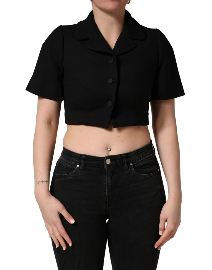 Dolce &amp; Gabbana Black Collared Short Sleeves Cropped Blouse Top