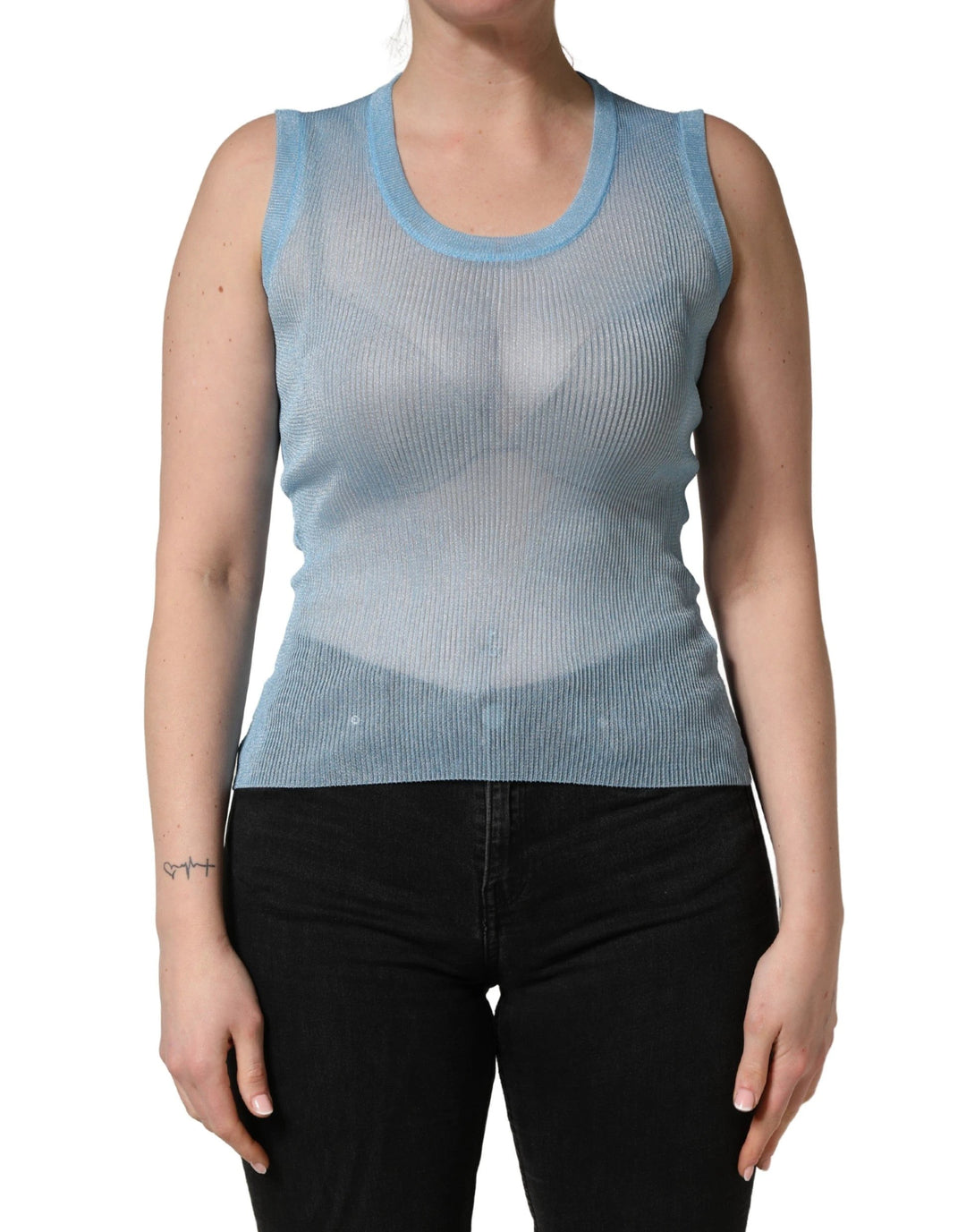 Dolce &amp; Gabbana Blue Semi Sheer Ribbed Sleeveless Tank Top