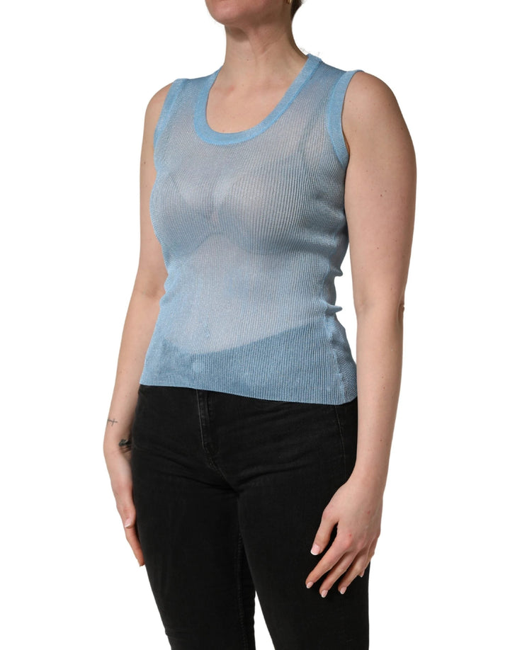 Dolce &amp; Gabbana Blue Semi Sheer Ribbed Sleeveless Tank Top