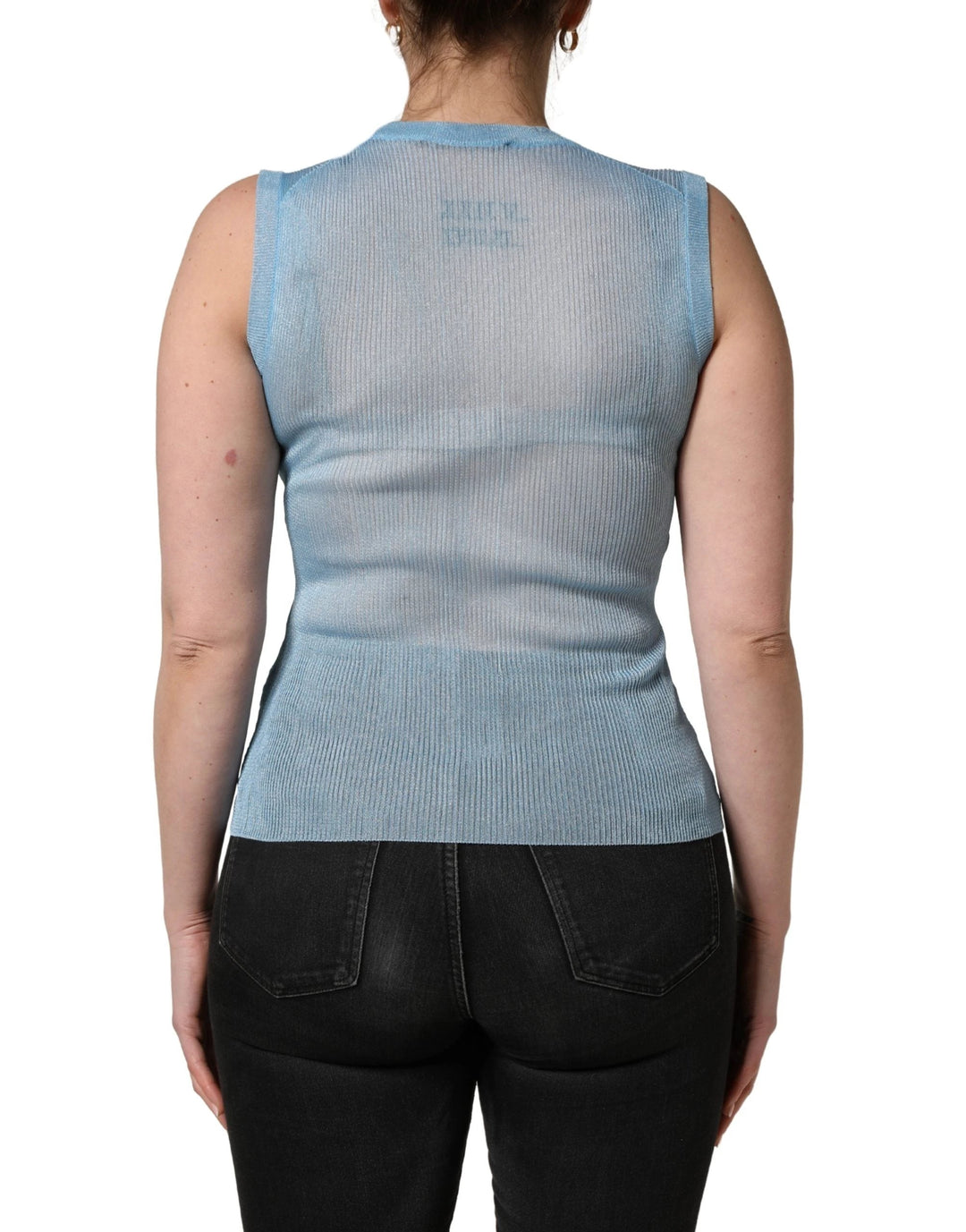 Dolce &amp; Gabbana Blue Semi Sheer Ribbed Sleeveless Tank Top