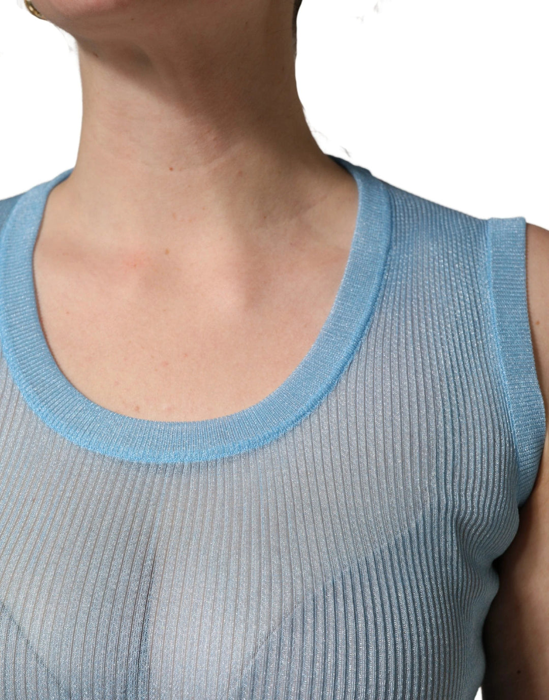 Dolce &amp; Gabbana Blue Semi Sheer Ribbed Sleeveless Tank Top