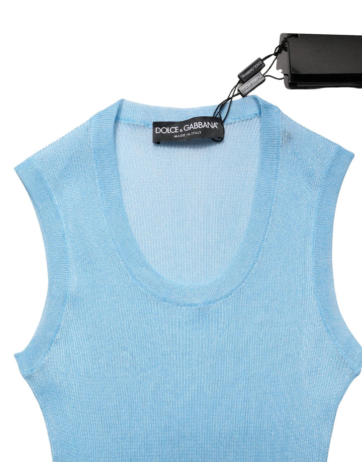 Dolce &amp; Gabbana Blue Semi Sheer Ribbed Sleeveless Tank Top