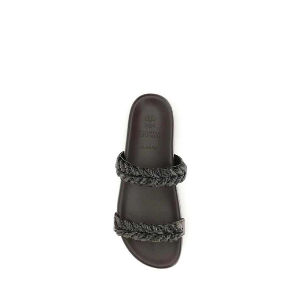 Brunello Cucinelli Brown Calf Leather Bos Taurus Flat Sandals