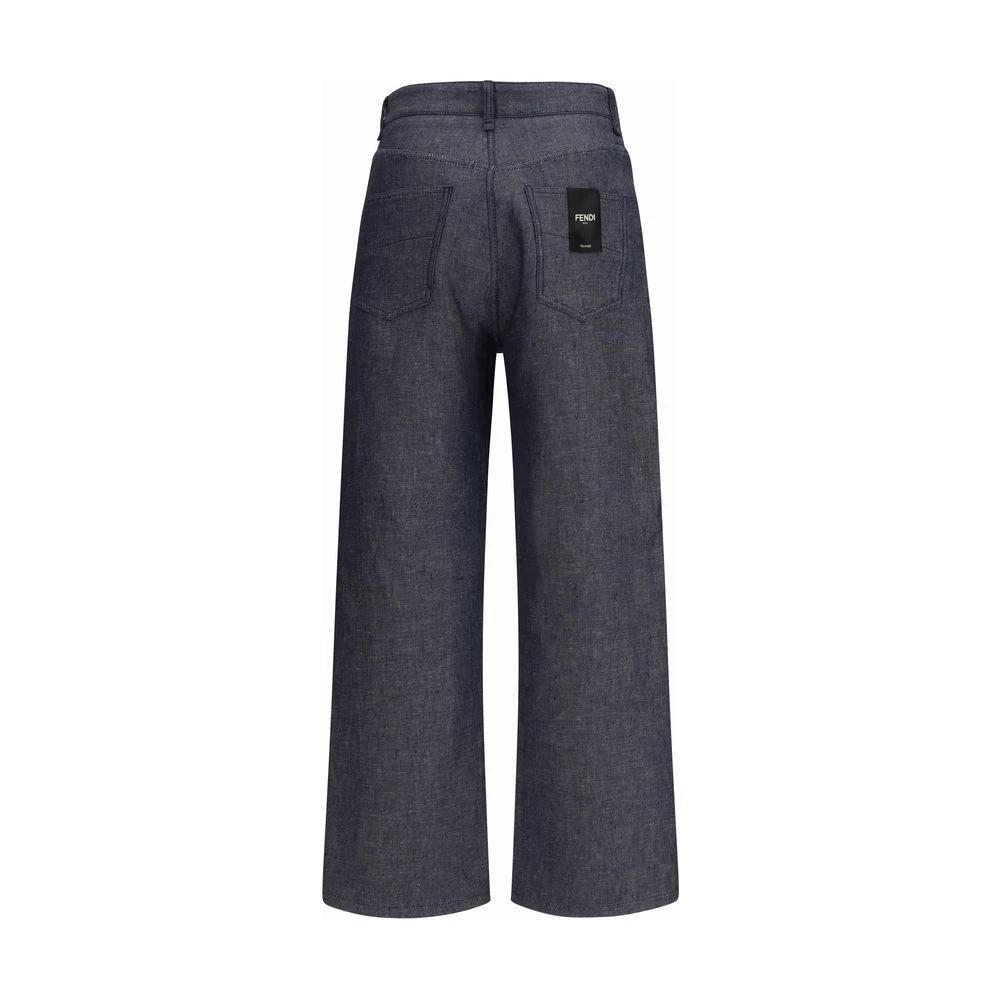 Fendi Blue Linen Relaxed Fit Jeans