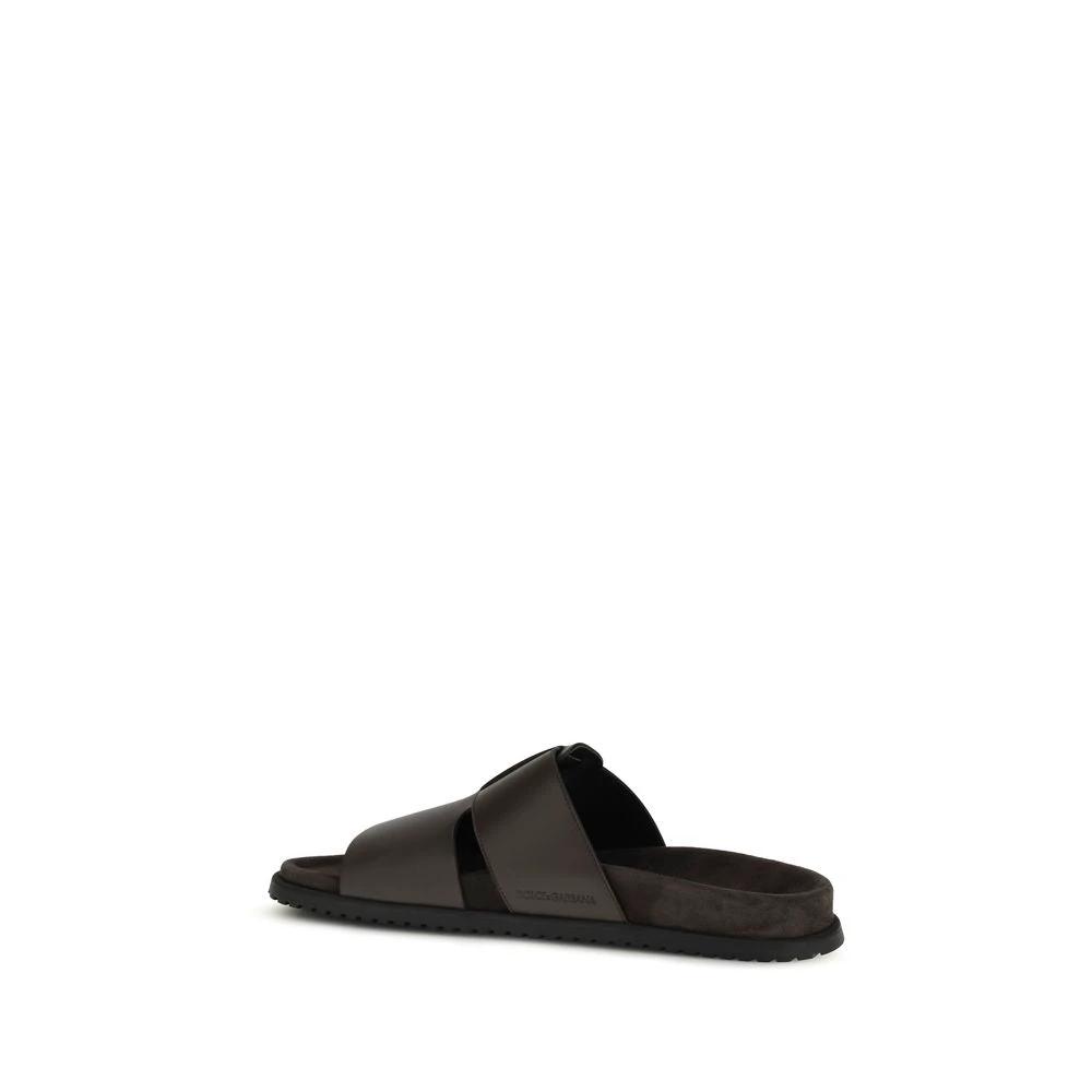 Dolce &amp; Gabbana Brown Calf Leather Bos Taurus Flat Sandals