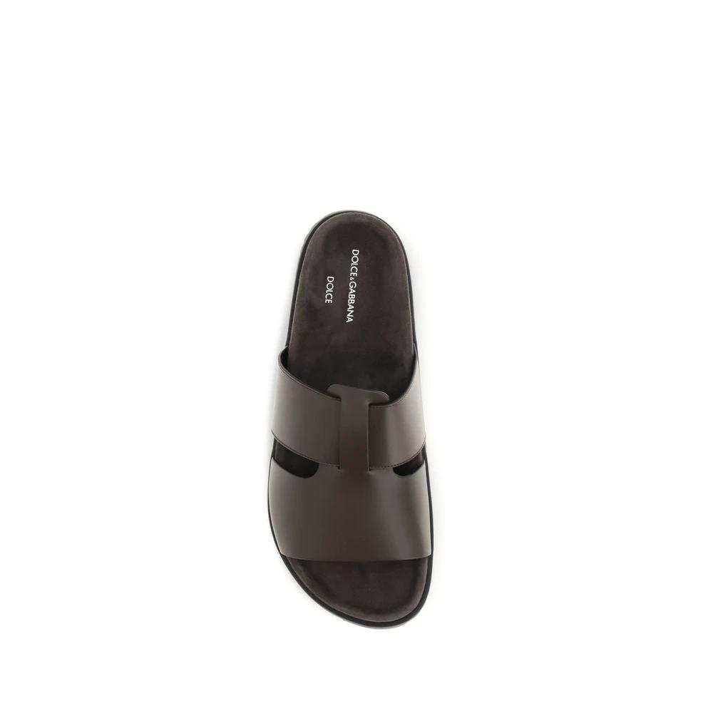 Dolce &amp; Gabbana Brown Calf Leather Bos Taurus Flat Sandals