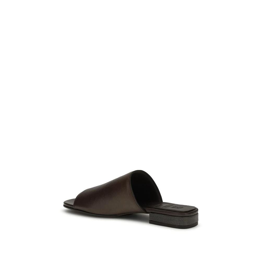 Brunello Cucinelli Brown Calf Leather Bos Taurus Slides