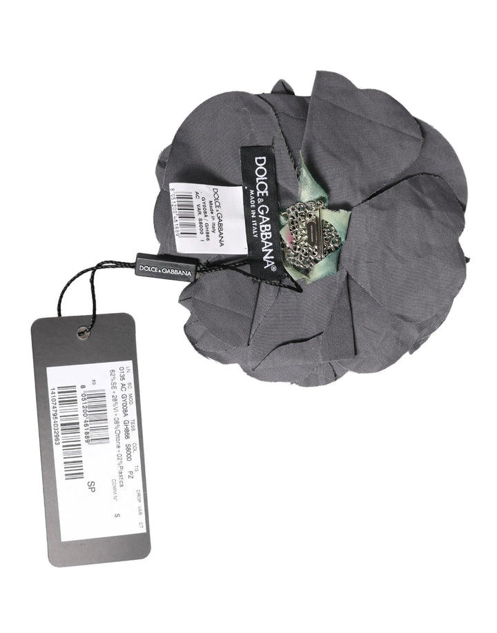 Dolce &amp; Gabbana Gray Floral Motif Silk Blend Poplin Fabric Bar Pin  Brooch