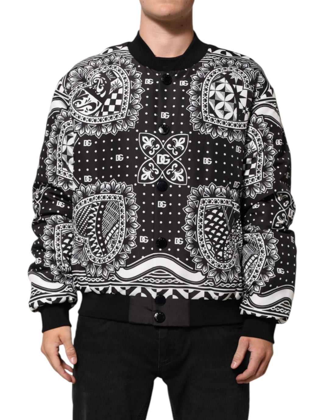 Dolce & Gabbana Black White BandanaPrint Men Bomber  Jacket