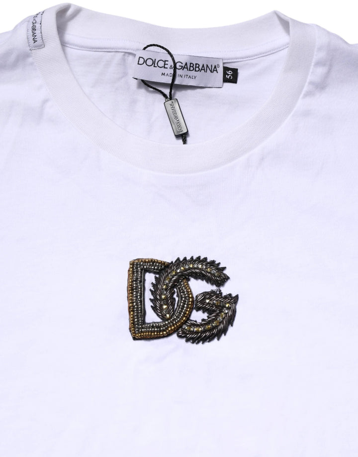 Dolce &amp; Gabbana White Cotton DG Logo Embroidery Men  T-shirt