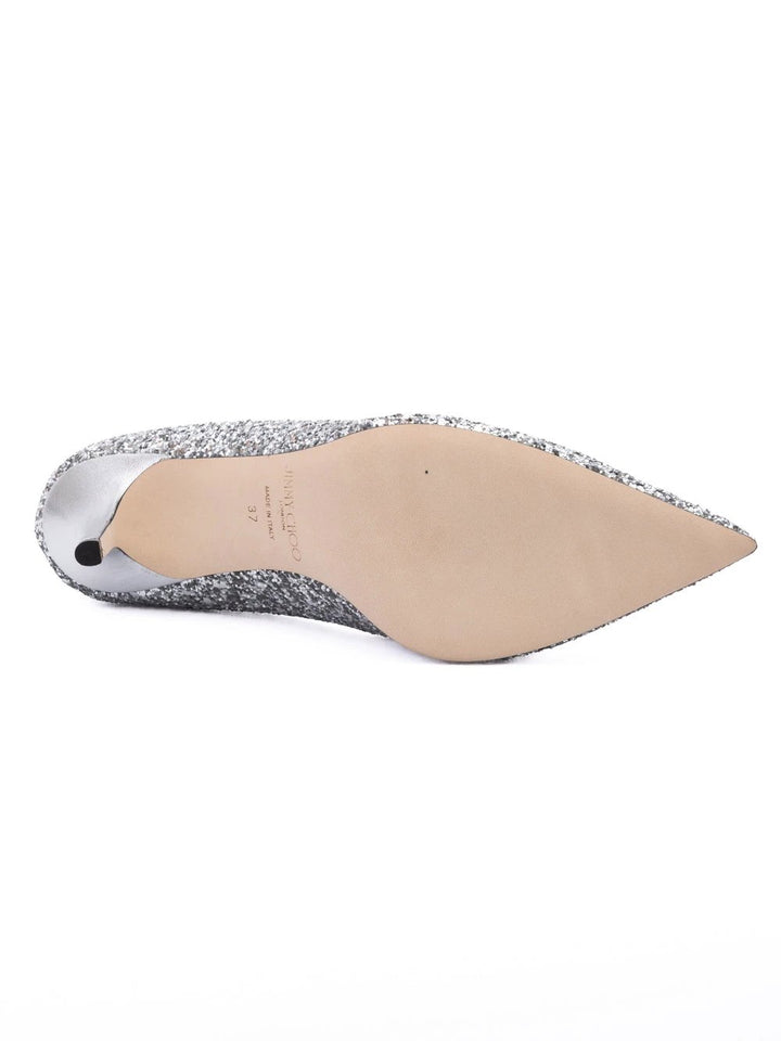 Jimmy Choo Silver Coarse Glitter Fabric Agnes Pumps