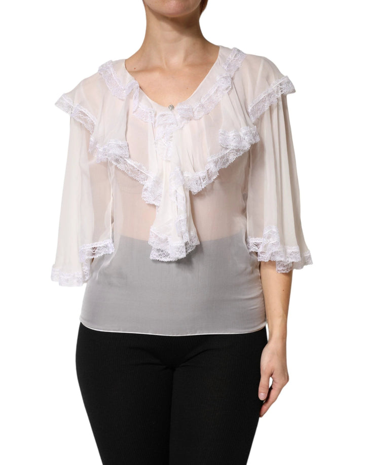 Dolce & Gabbana White LongSleeve Lace Trim Ruffled Blouse Top