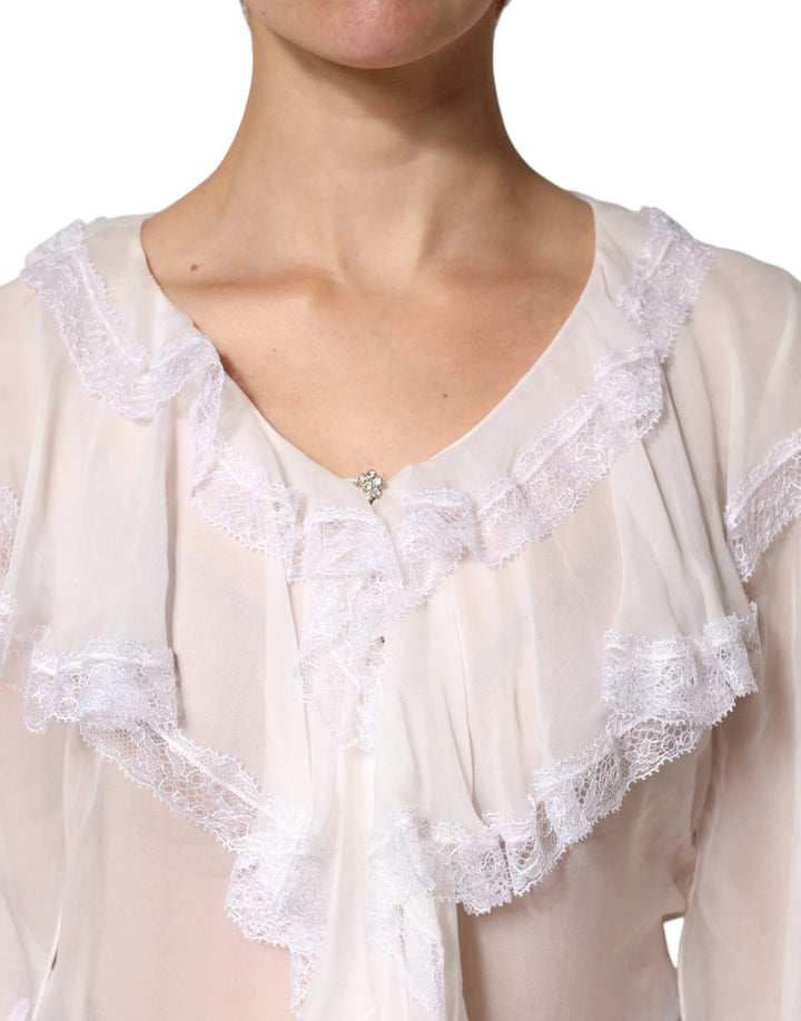 Dolce & Gabbana White LongSleeve Lace Trim Ruffled Blouse Top