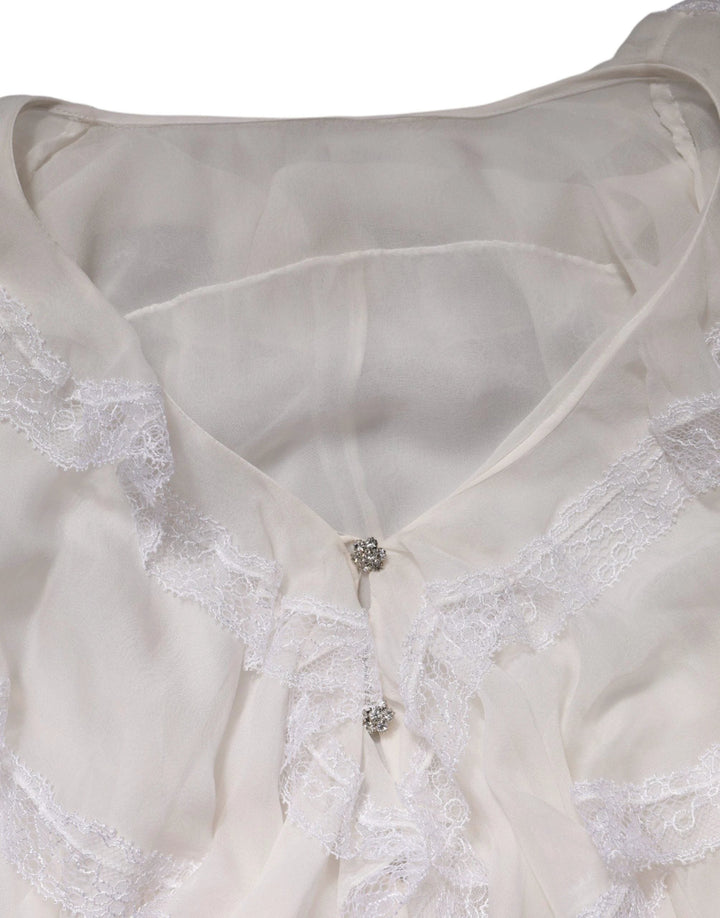 Dolce & Gabbana White LongSleeve Lace Trim Ruffled Blouse Top