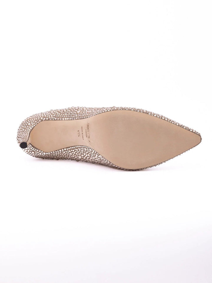 Jimmy Choo Honey Gold Shimmer Suede Crystals Romy 85 pumps