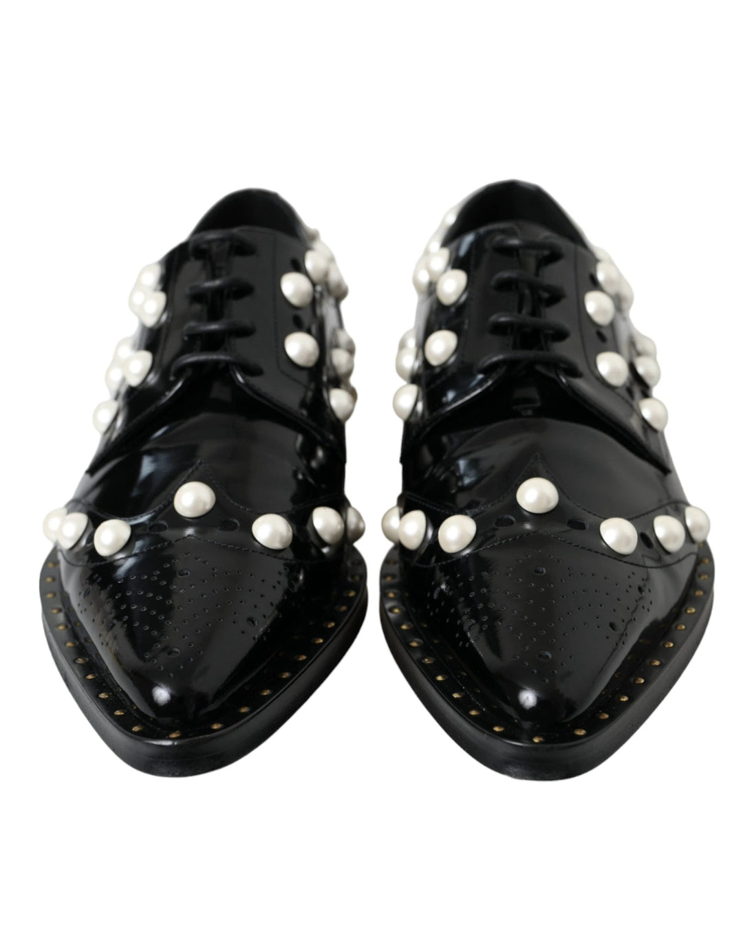 Dolce &amp; Gabbana Black Leather Faux Pearl Dress Brogue Shoes