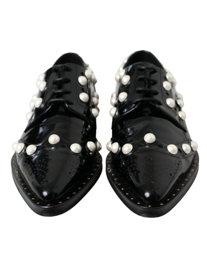 Dolce &amp; Gabbana Black Leather Faux Pearl Dress Brogue Shoes
