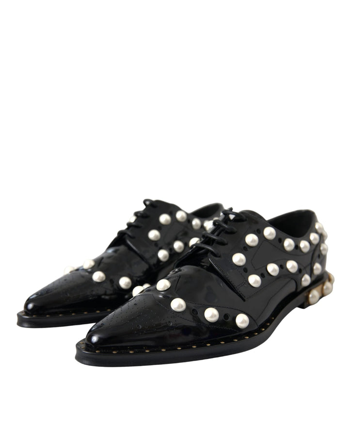 Dolce &amp; Gabbana Black Leather Faux Pearl Dress Brogue Shoes