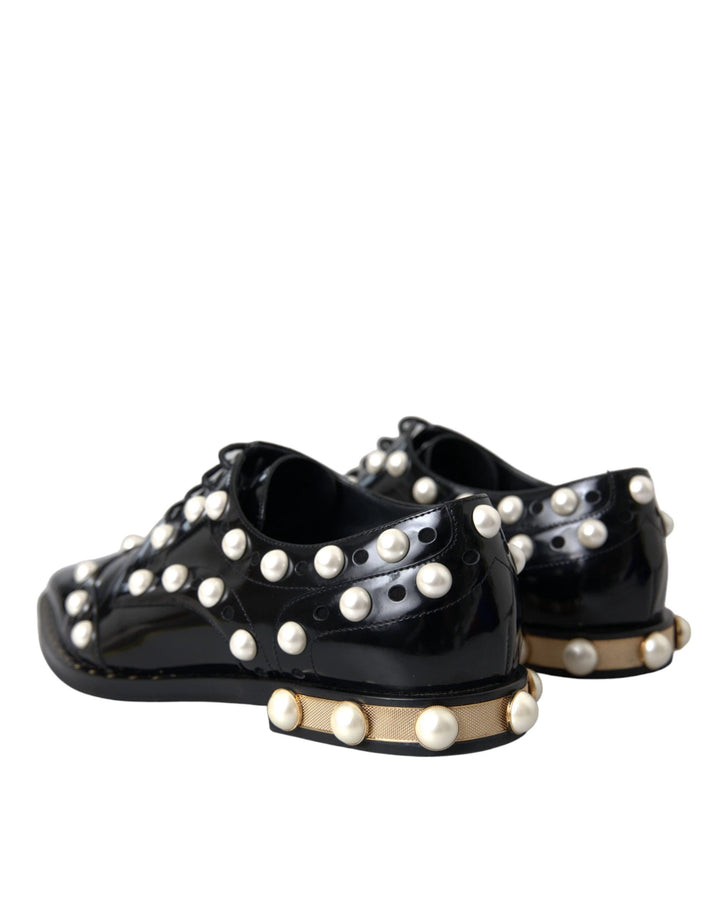 Dolce &amp; Gabbana Black Leather Faux Pearl Dress Brogue Shoes