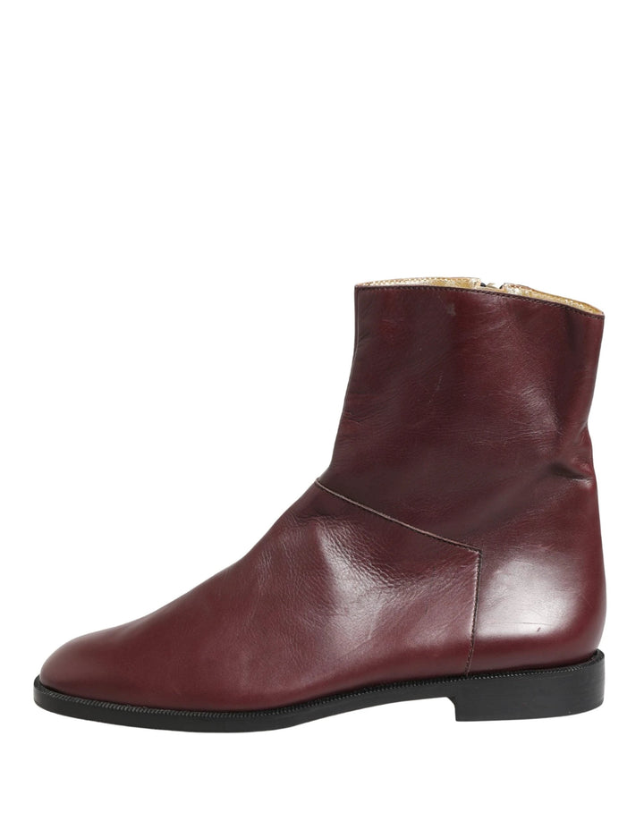 Dolce & Gabbana Maroon Leather Flats Biker Ankle Boots Shoes