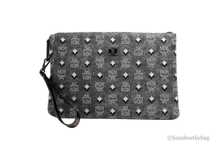 MCM Veritas Medium Dark Grey Denim Monogram Logo Canvas Clutch Pouch Handbag