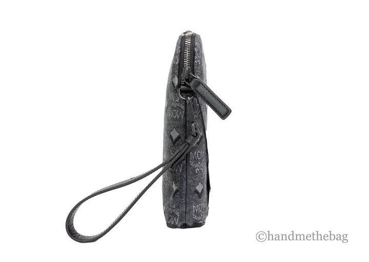 MCM Veritas Medium Dark Grey Denim Monogram Logo Canvas Clutch Pouch Handbag