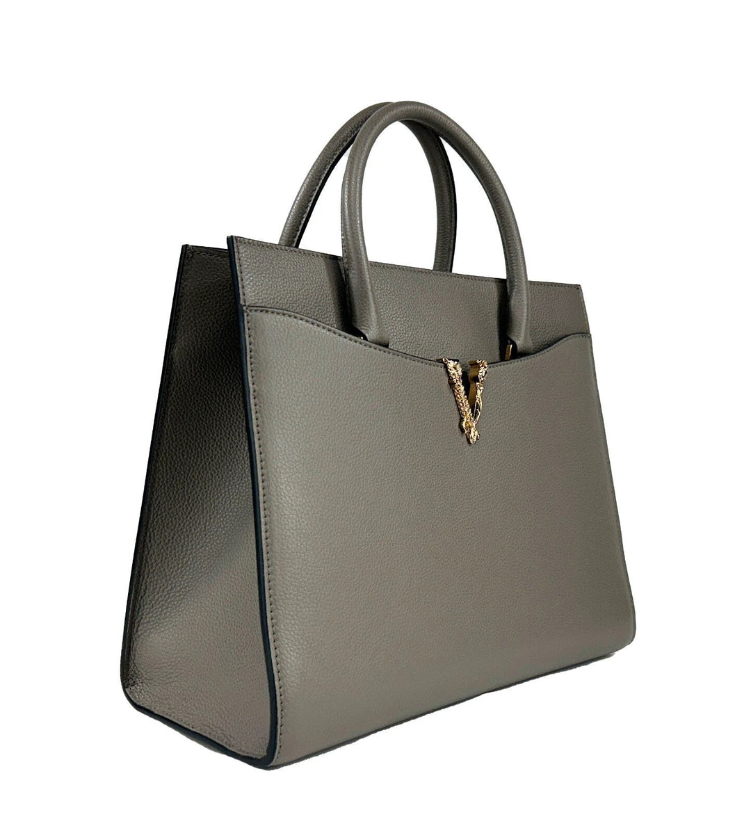 Versace Virtus Large Leather Top Handle Satchel Bag Tote Gray