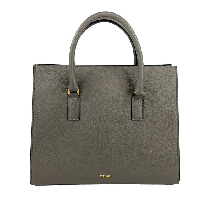 Versace Virtus Large Leather Top Handle Satchel Bag Tote Gray