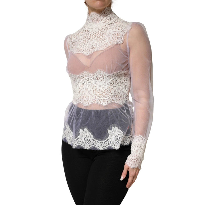 Dolce &amp; Gabbana White Nylon Lace Tulle Sheer Long Sleeve Top