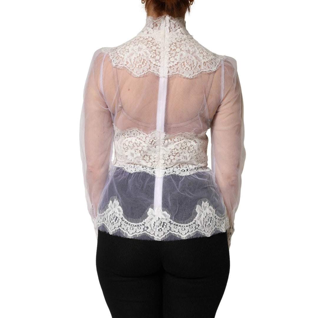 Dolce &amp; Gabbana White Nylon Lace Tulle Sheer Long Sleeve Top