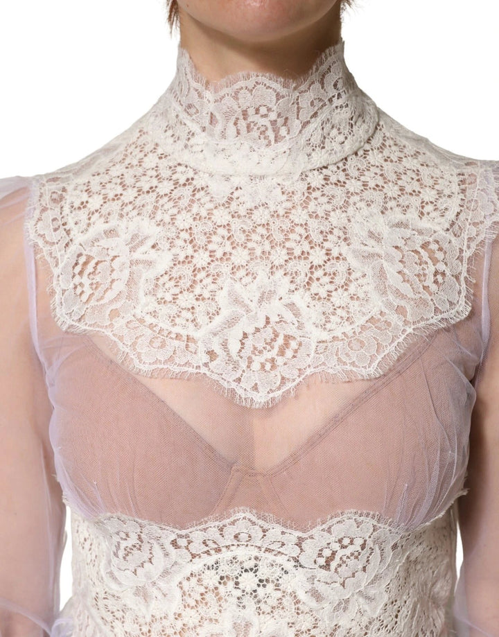 Dolce &amp; Gabbana White Nylon Lace Tulle Sheer Long Sleeve Top