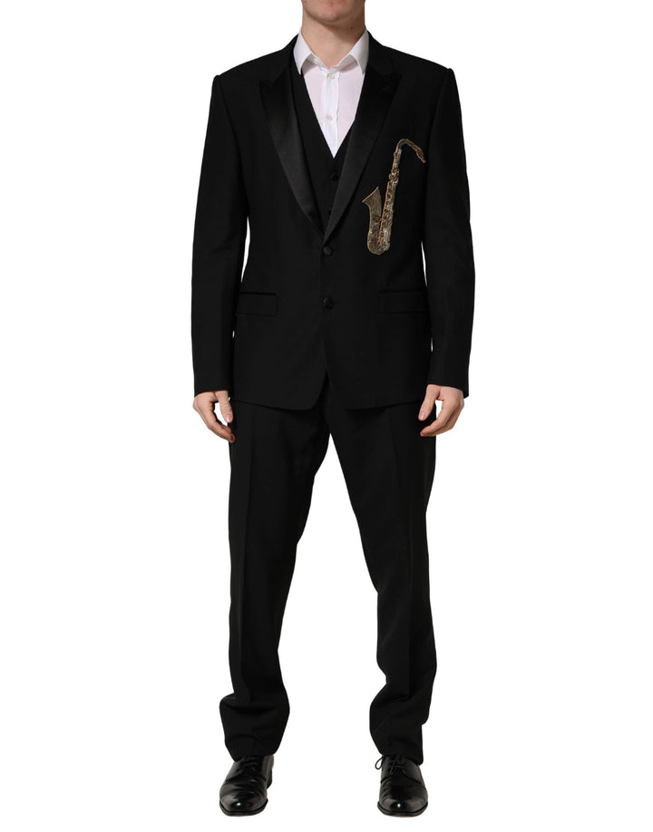 Dolce &amp; Gabbana Black Wool Silk Saxophone Slim Fit 3Pc Suit
