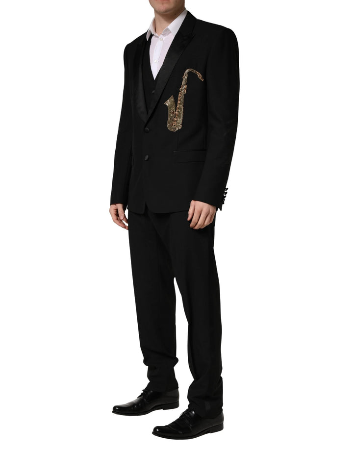 Dolce &amp; Gabbana Black Wool Silk Saxophone Slim Fit 3Pc Suit