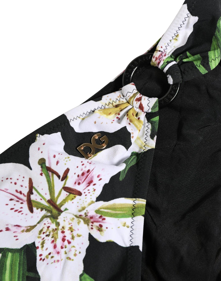 Dolce &amp; Gabbana Black Lily Print Nylon Bottom Beachwear Swimwear