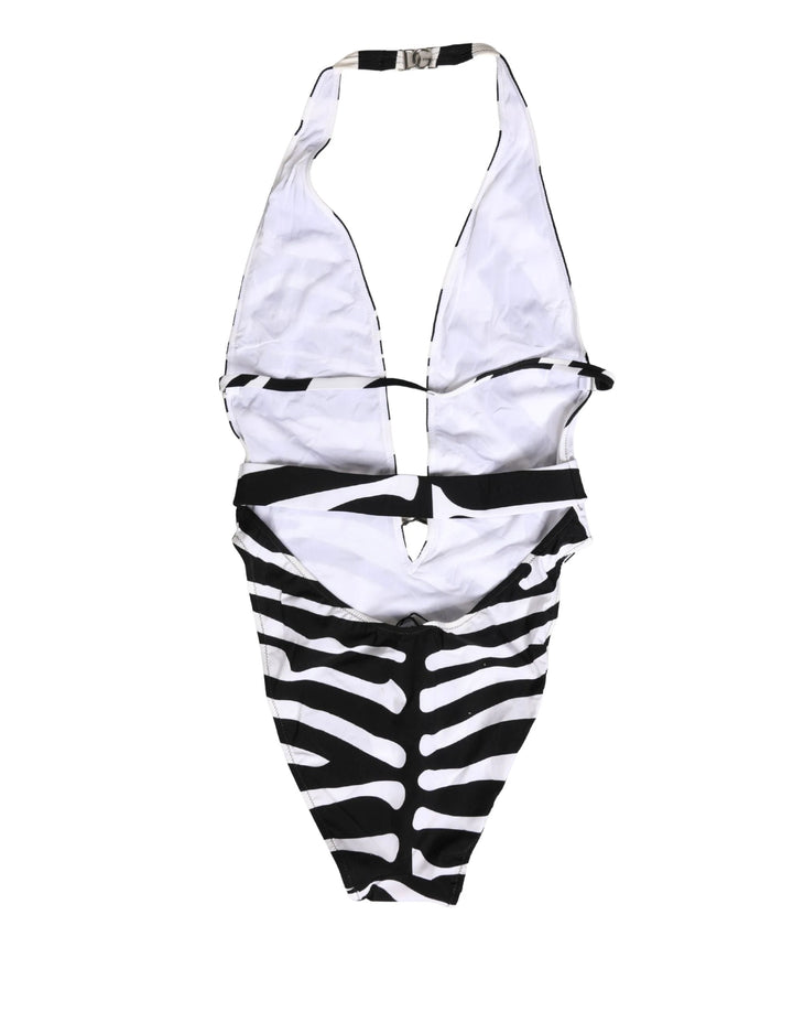 Dolce &amp; Gabbana Black White Zebra Deep V-Neck One Piece Swimwear