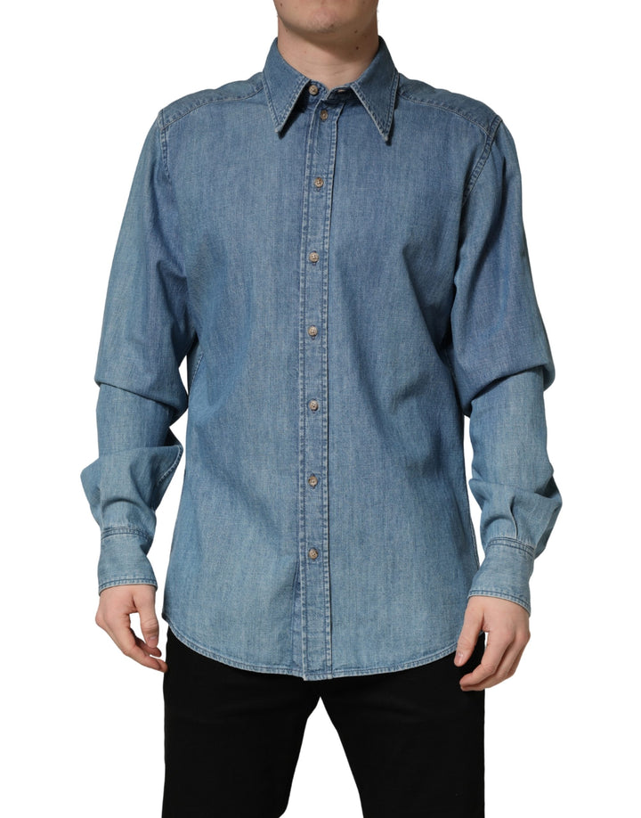 Dolce &amp; Gabbana Sample Sale | Dolce &amp; Gabbana Blue Cotton Stretch Casual Denim Slim Shirt - | Designer outlet