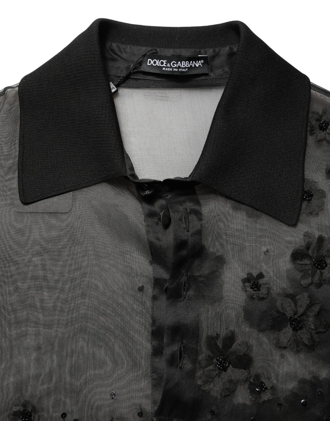 Dolce &amp; Gabbana Black Floral Applique Sheer Short Sleeve Shirt
