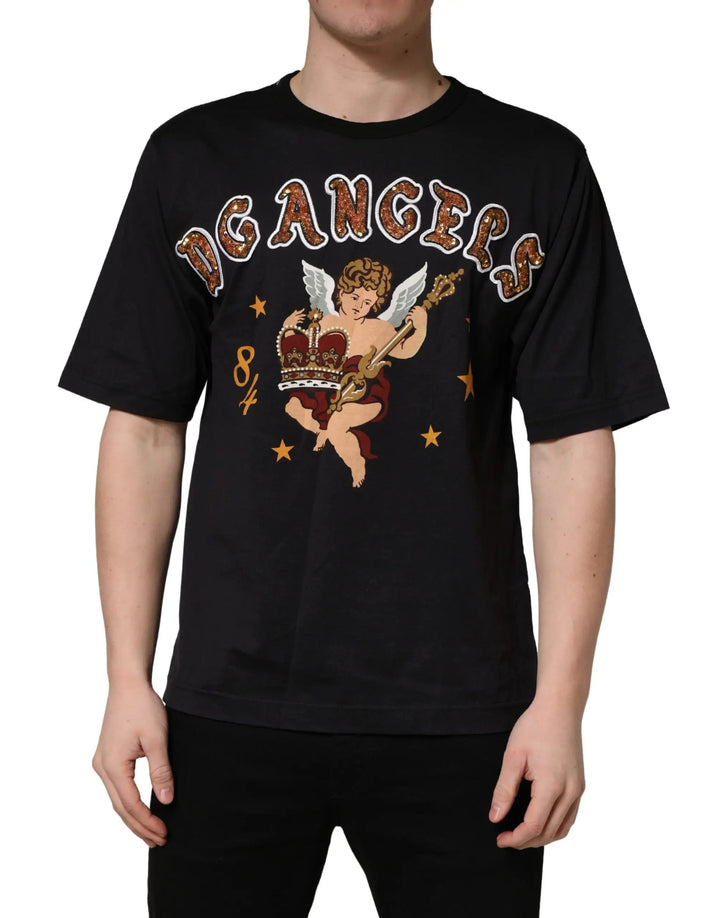 Dolce &amp; Gabbana Black Angel Print Cotton Crew Neck T-shirt