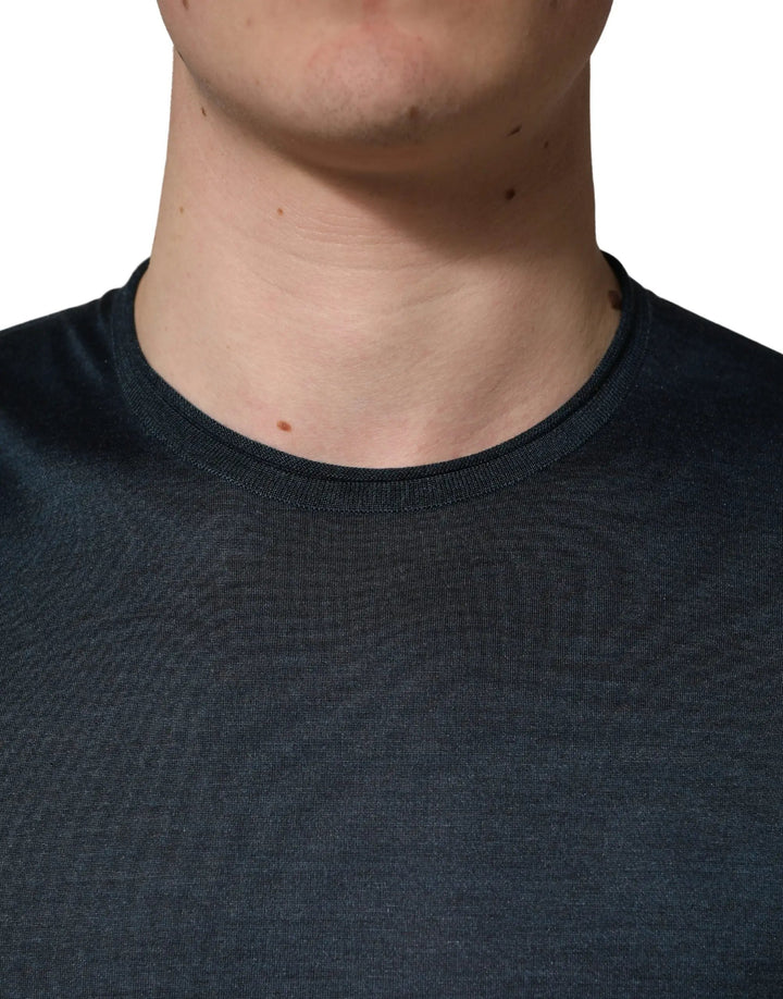 Dolce &amp; Gabbana Dark Blue Silk Crew Neck Short Sleeve T-shirt