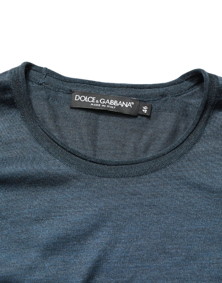 Dolce &amp; Gabbana Dark Blue Silk Crew Neck Short Sleeve T-shirt
