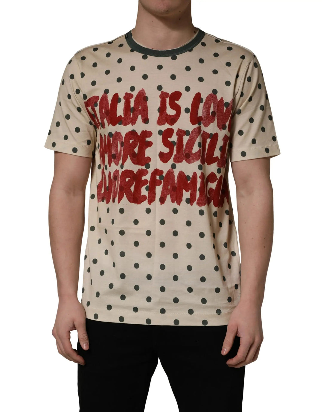 Dolce &amp; Gabbana Beige Cotton Polka Dot Graphic Tee T-shirt