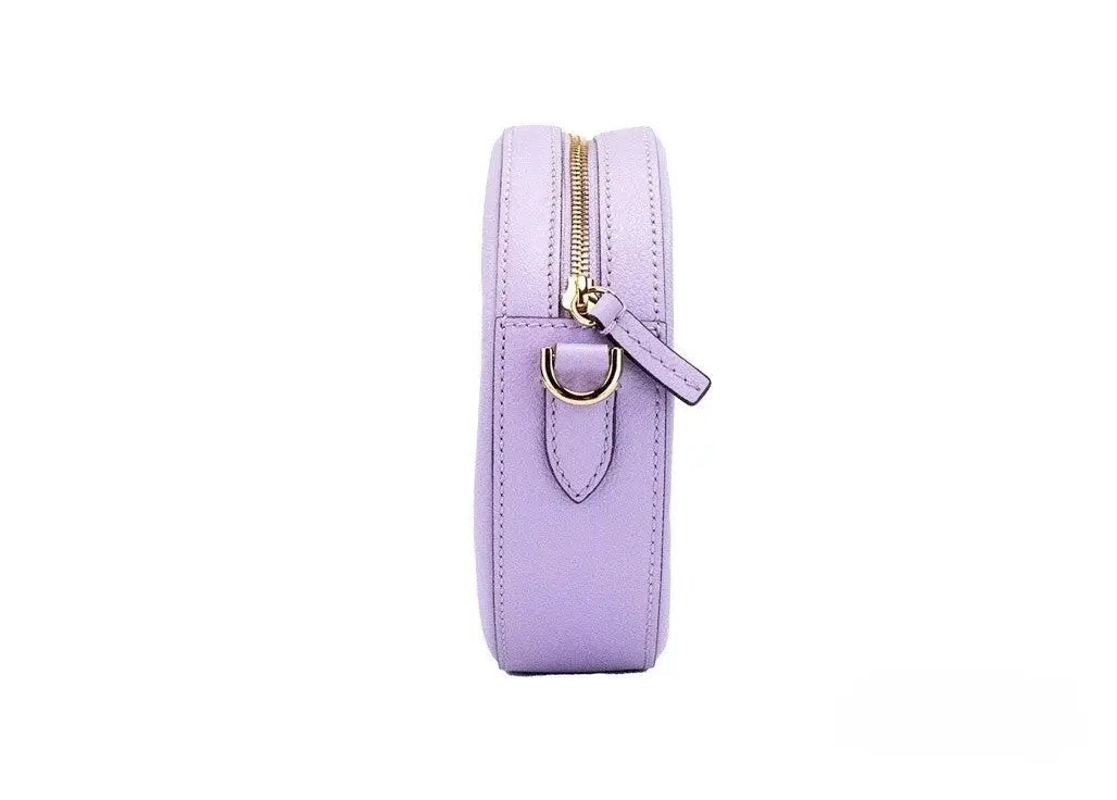 Versace Round Disco Lilac Pebbled Leather Camera Case Crossbody Bag Purse