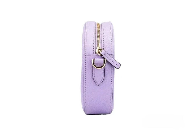 Versace Round Disco Lilac Pebbled Leather Camera Case Crossbody Bag Purse