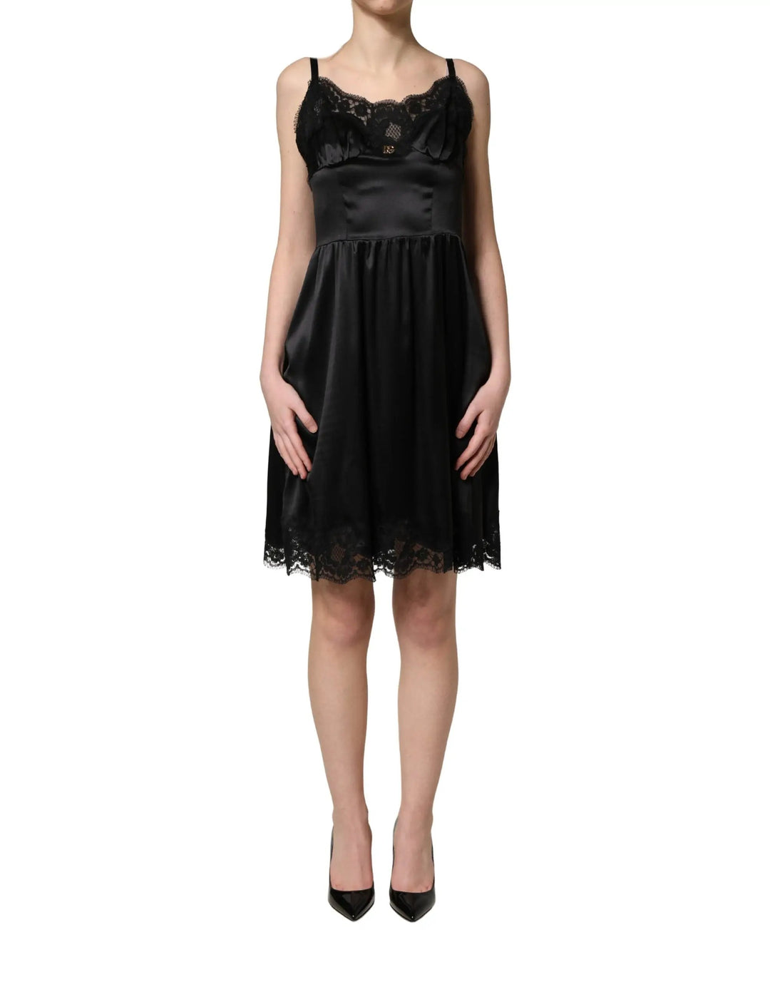 Dolce &amp; Gabbana Sample Sale | Dolce &amp; Gabbana Black Silk Satin Lace Sleeveless Mini Dress - | Designer outlet