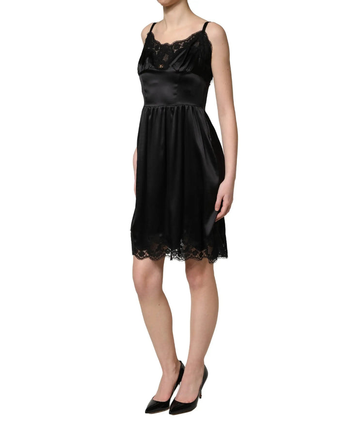 Dolce &amp; Gabbana Sample Sale | Dolce &amp; Gabbana Black Silk Satin Lace Sleeveless Mini Dress - | Designer outlet